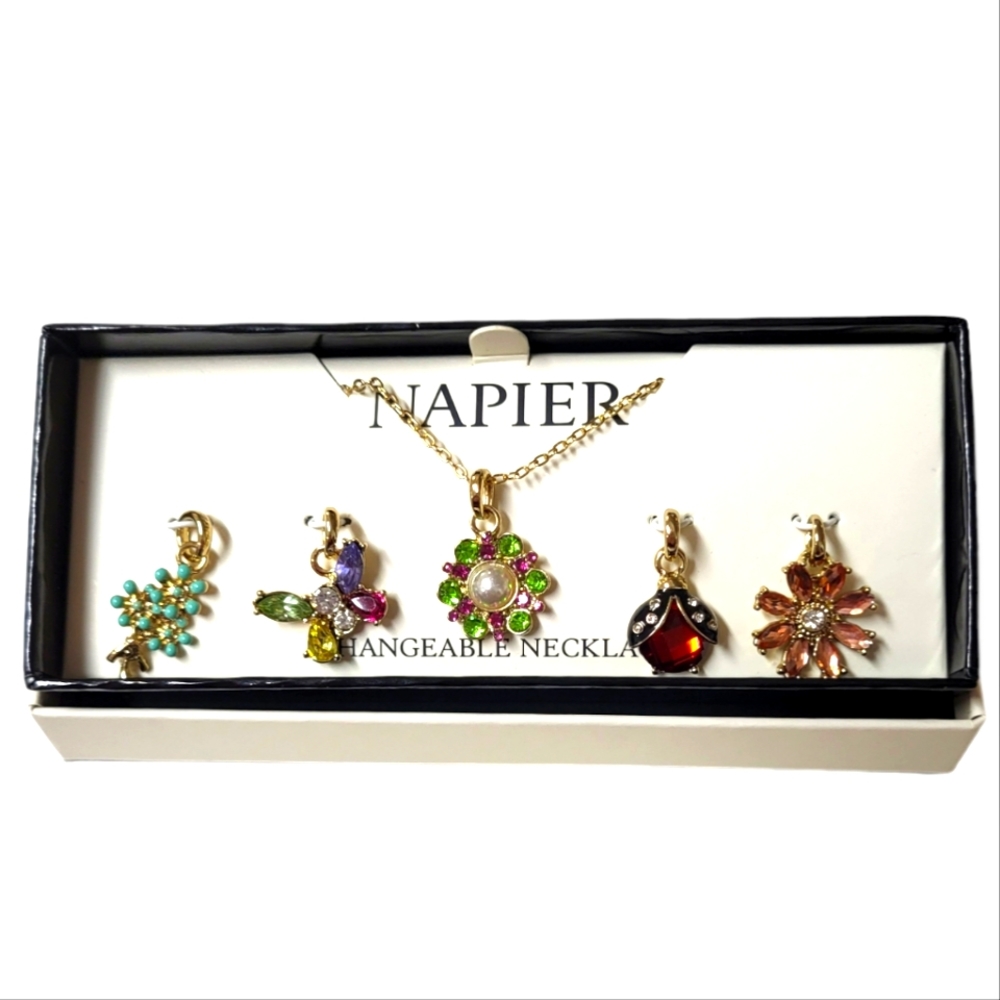 NAPIER Interchangeable Charm Necklace Gold Flowers, Butterfly and Lady Bug